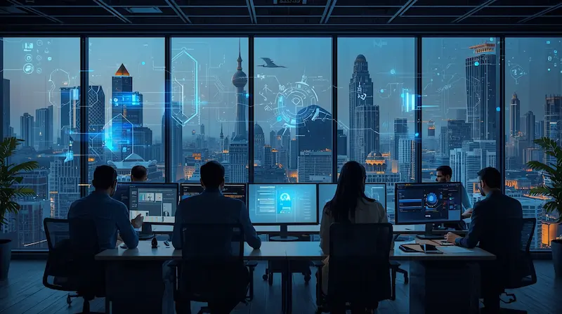 Indian professionals collaborating with agentic AI agents in a futuristic 2030 workspace