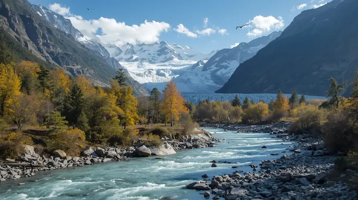 Melting Himalayan glaciers with river and forests representing climate change impact.